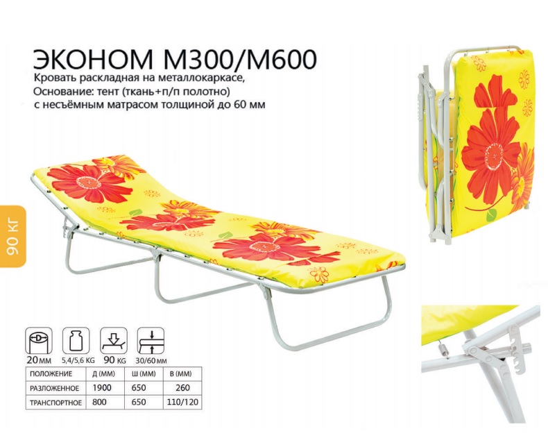 Кровать раскладная с матрасом ЭКОНОМ-М300 (190*65см, 90кг)